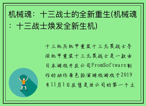 机械魂：十三战士的全新重生(机械魂：十三战士焕发全新生机)